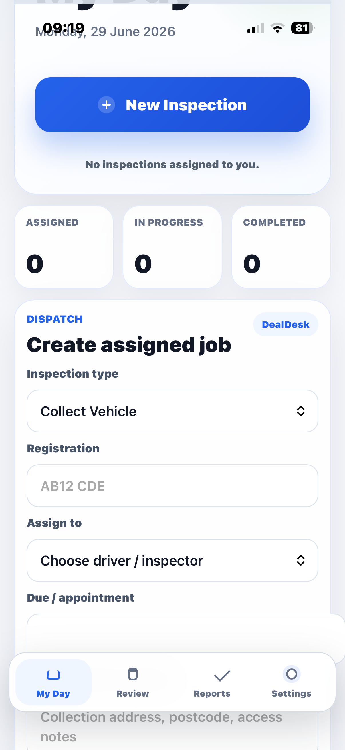 Sentinel motor trade inspection app showing the start of an assigned inspection