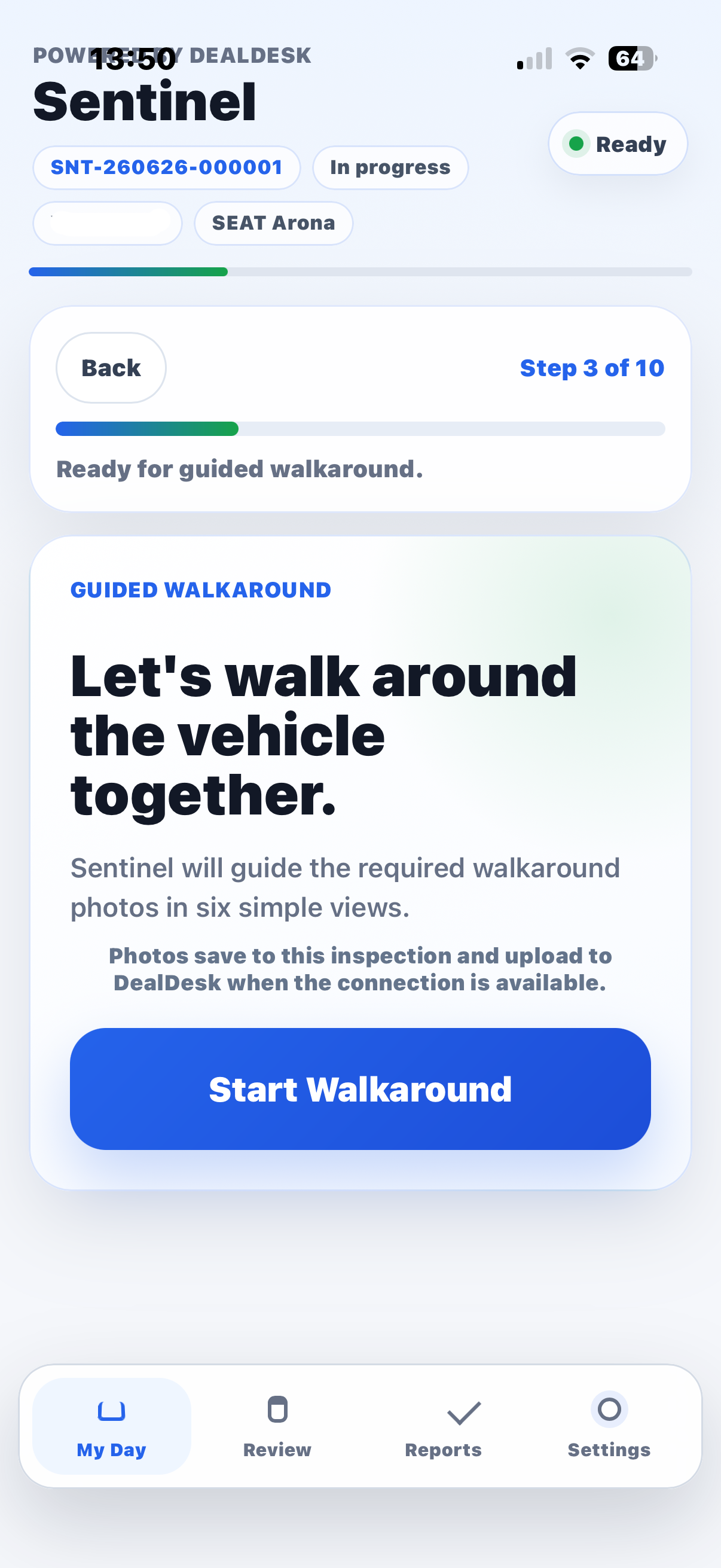 Sentinel driver inspection app guided walkaround start screen